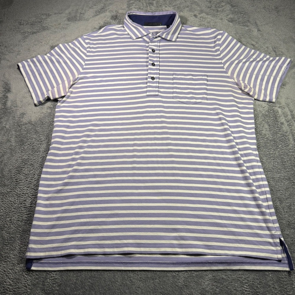 Greyson Mens Large Purple White Striped Pima Cotton Modal Golf Polo Shirt Pocket